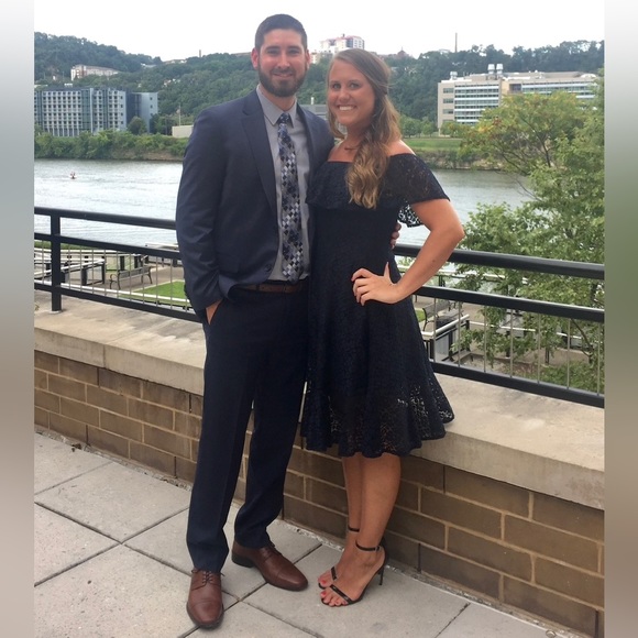 Elegant Navy Lace Off-Shoulder Dress - Picture 1 of 10